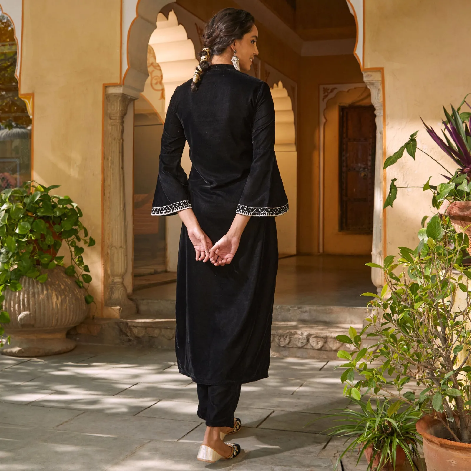 Black Velvet Embroidered Kurta with Bell Sleeves