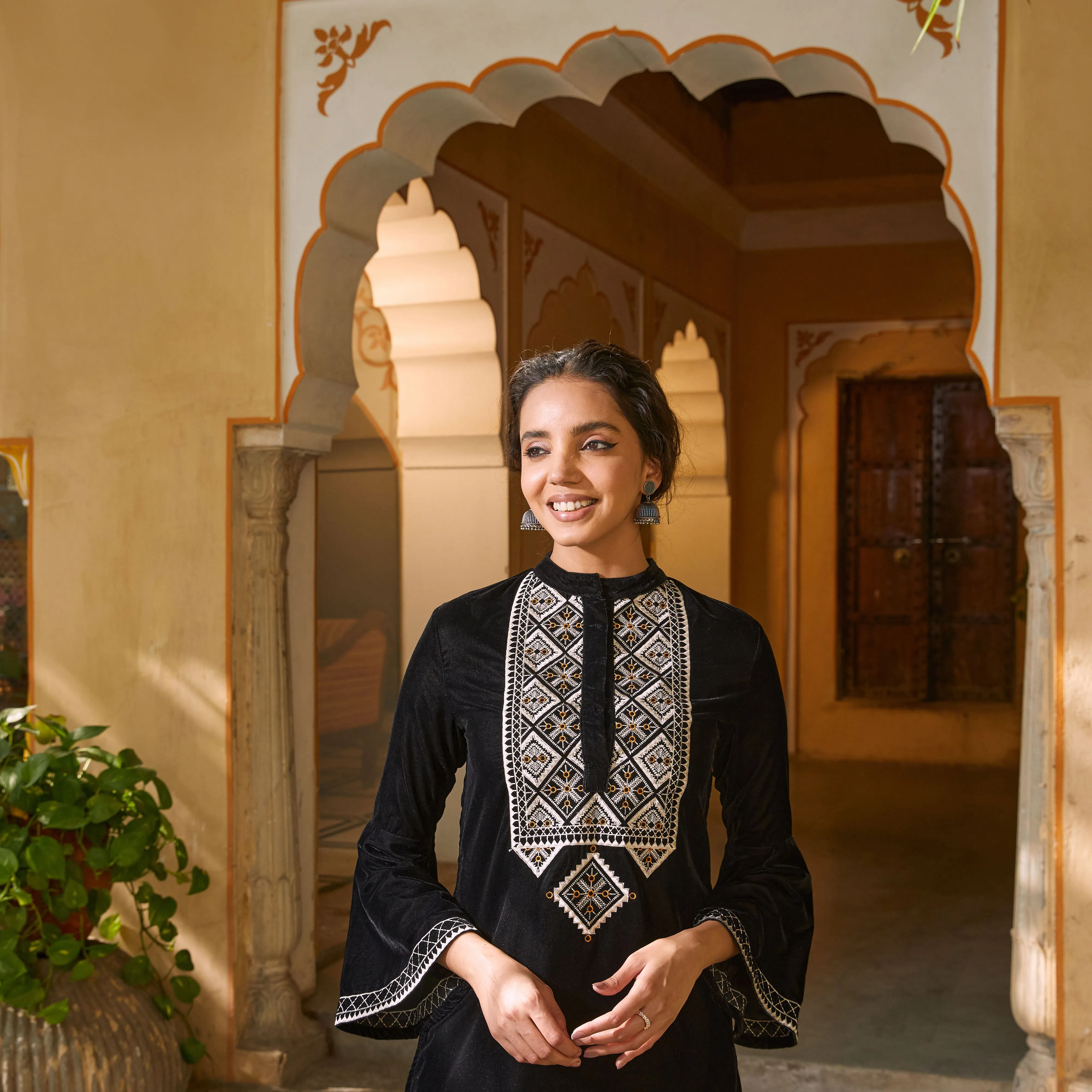 Black Velvet Embroidered Kurta with Bell Sleeves