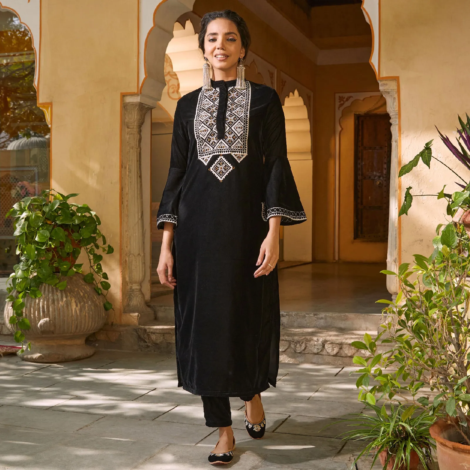 Black Velvet Embroidered Kurta with Bell Sleeves