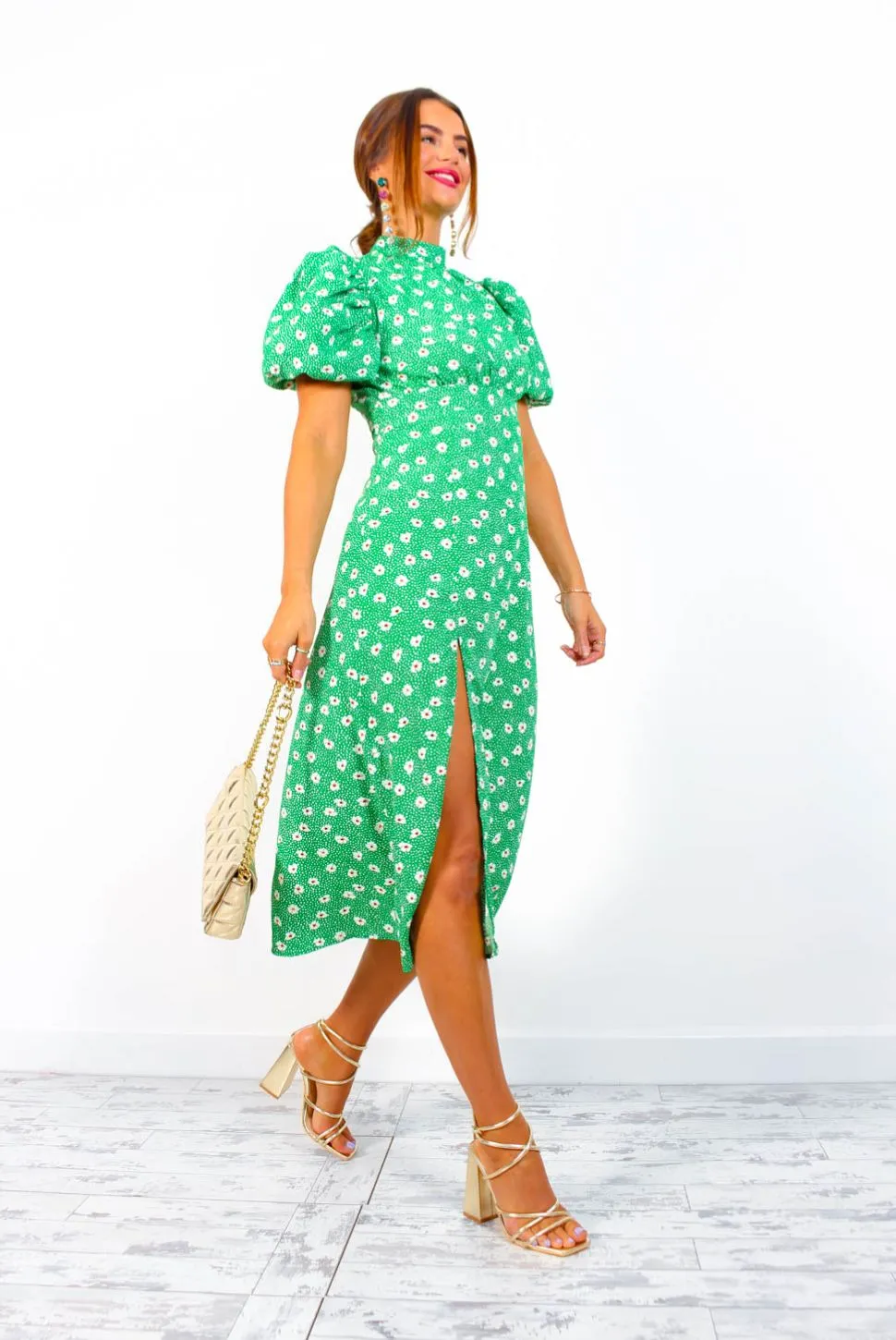 Got The Flower - Green Ditsy Print Midi Dress