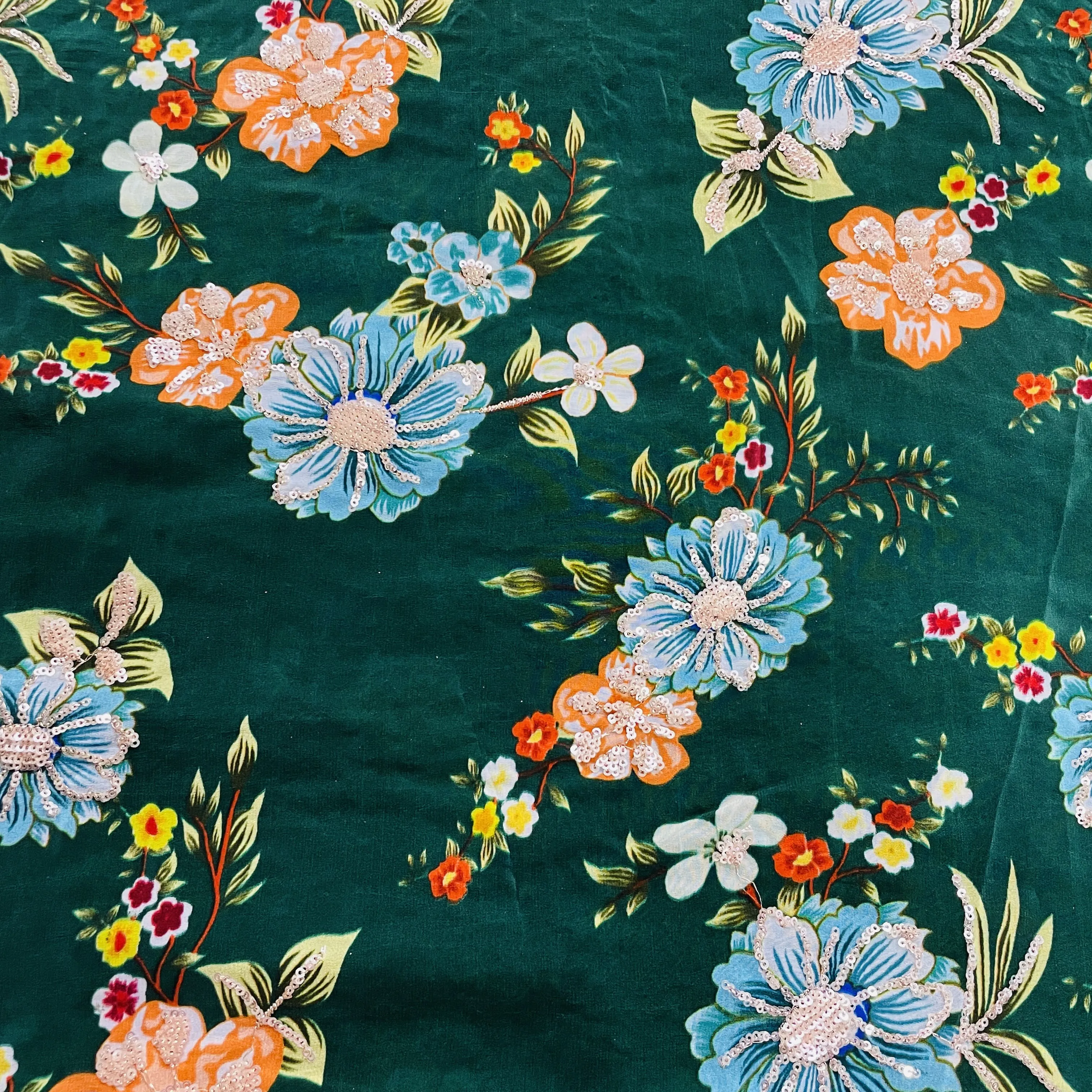 Premium  Dark Green Floral Sequins Embroidery Natural Crape Fabric