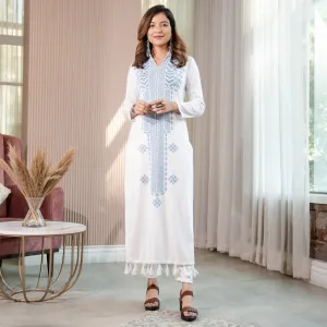 White Acrylic Geometrical Print Kurta with Tassels Detailing